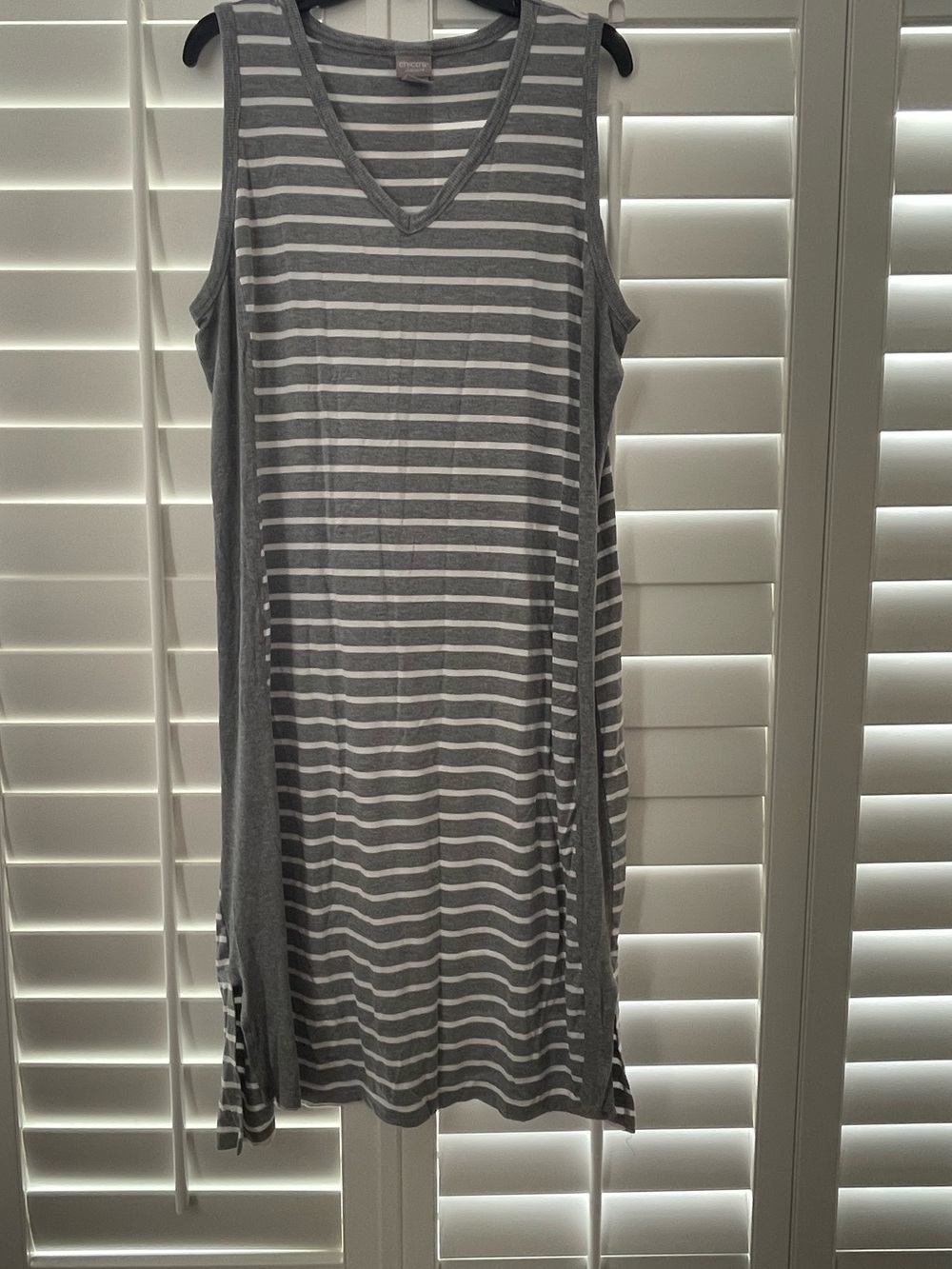 Chico's Zenergy Jersey Gray & White Striped V-Neck Midi Dress - size 3